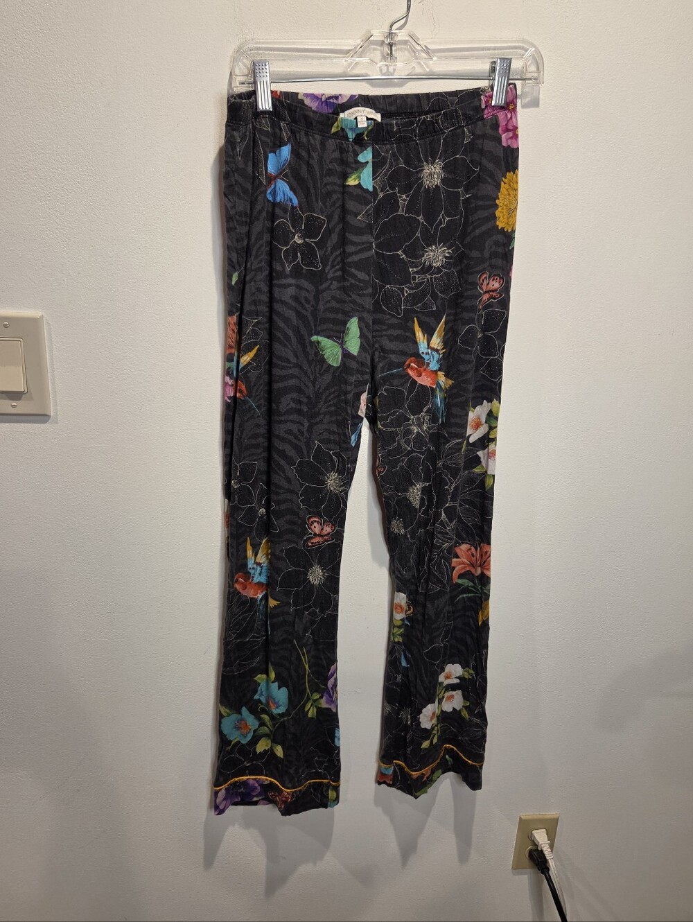 Johnny Was Size S Black Floral Boho Bird Print Pj Pants